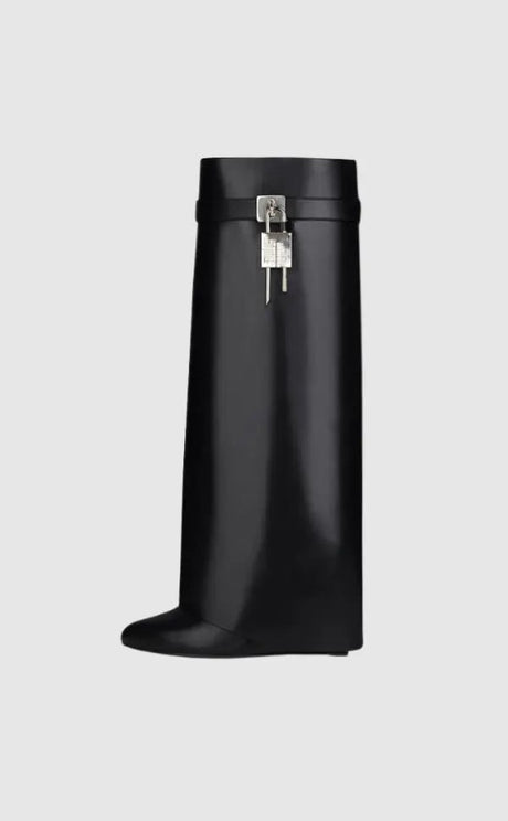 Modern Wedge Boots  Black Vegan Leather With Lock Detail - Product showcase