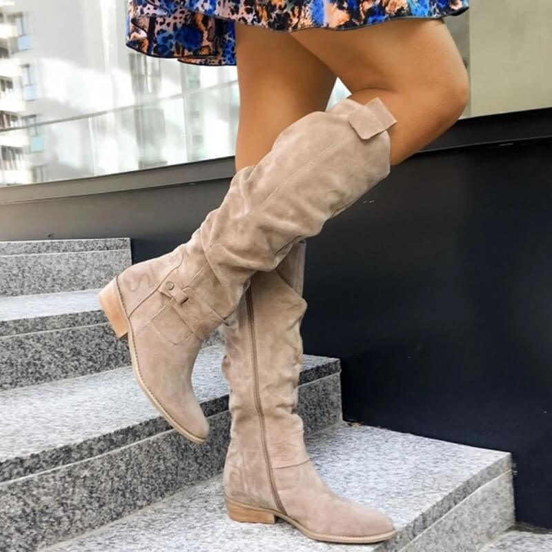 Suede Knee High Boots  Classic Slouch Design With Side Buckle - Product showcase