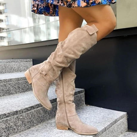 Suede Knee High Boots  Classic Slouch Design With Side Buckle - Product showcase
