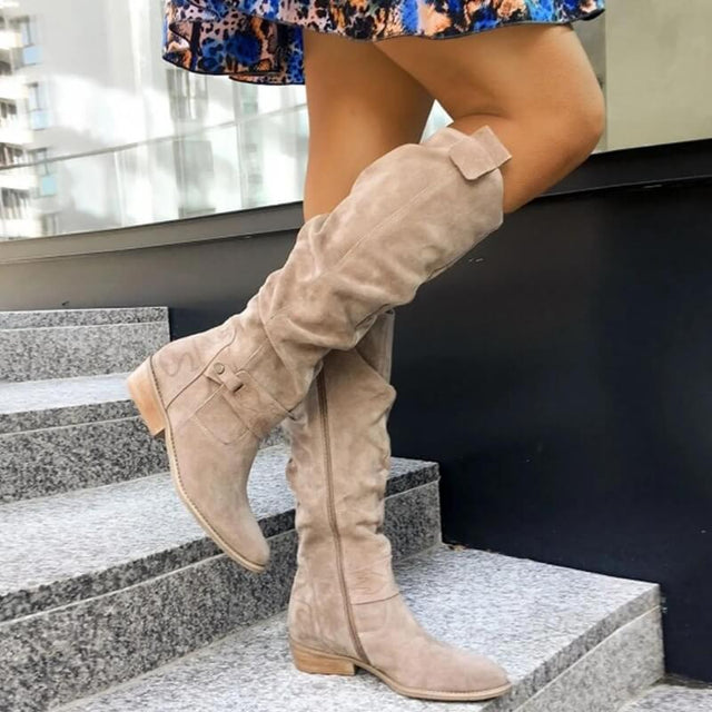 Suede Knee High Boots  Classic Slouch Design With Side Buckle - Product showcase