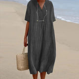 Summer Linen Midi Dress  V-Neck Loose Fit Design - Product detail 9