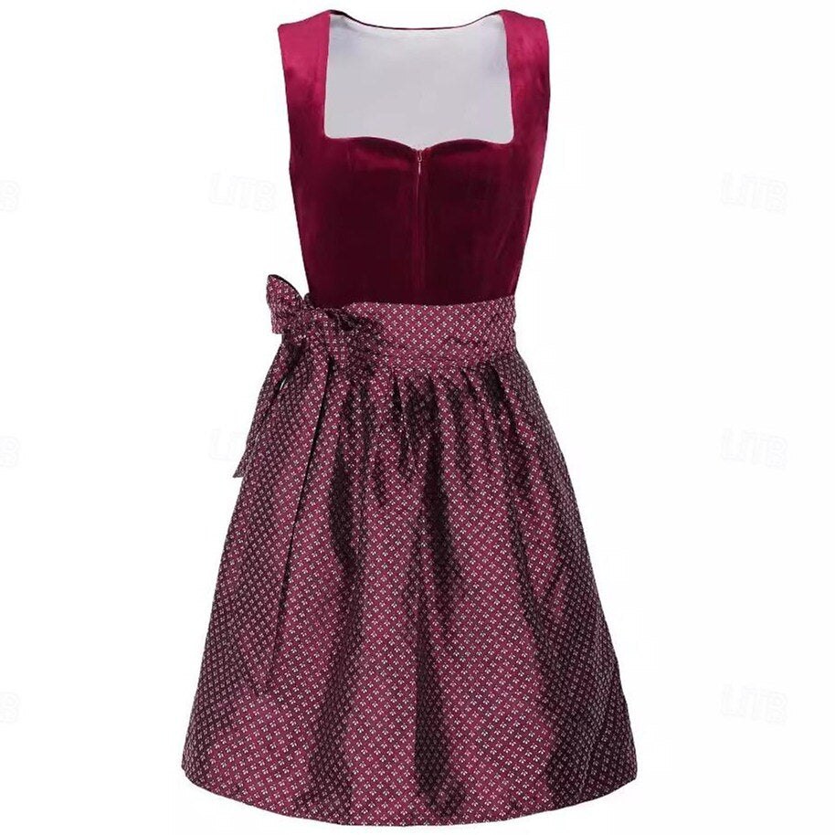 Traditional Dirndl Dress  Burgundy Velvet with Lace Detail - Detailed view