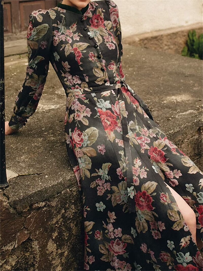 Vintage Floral Dirndl  Dark Botanical Print With Sage Apron - Detailed view