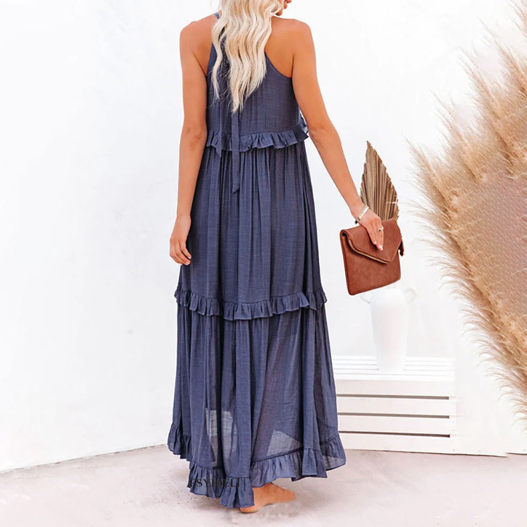 Layered Maxi Dress  Ruffled Halter Neck Design - Detailed view