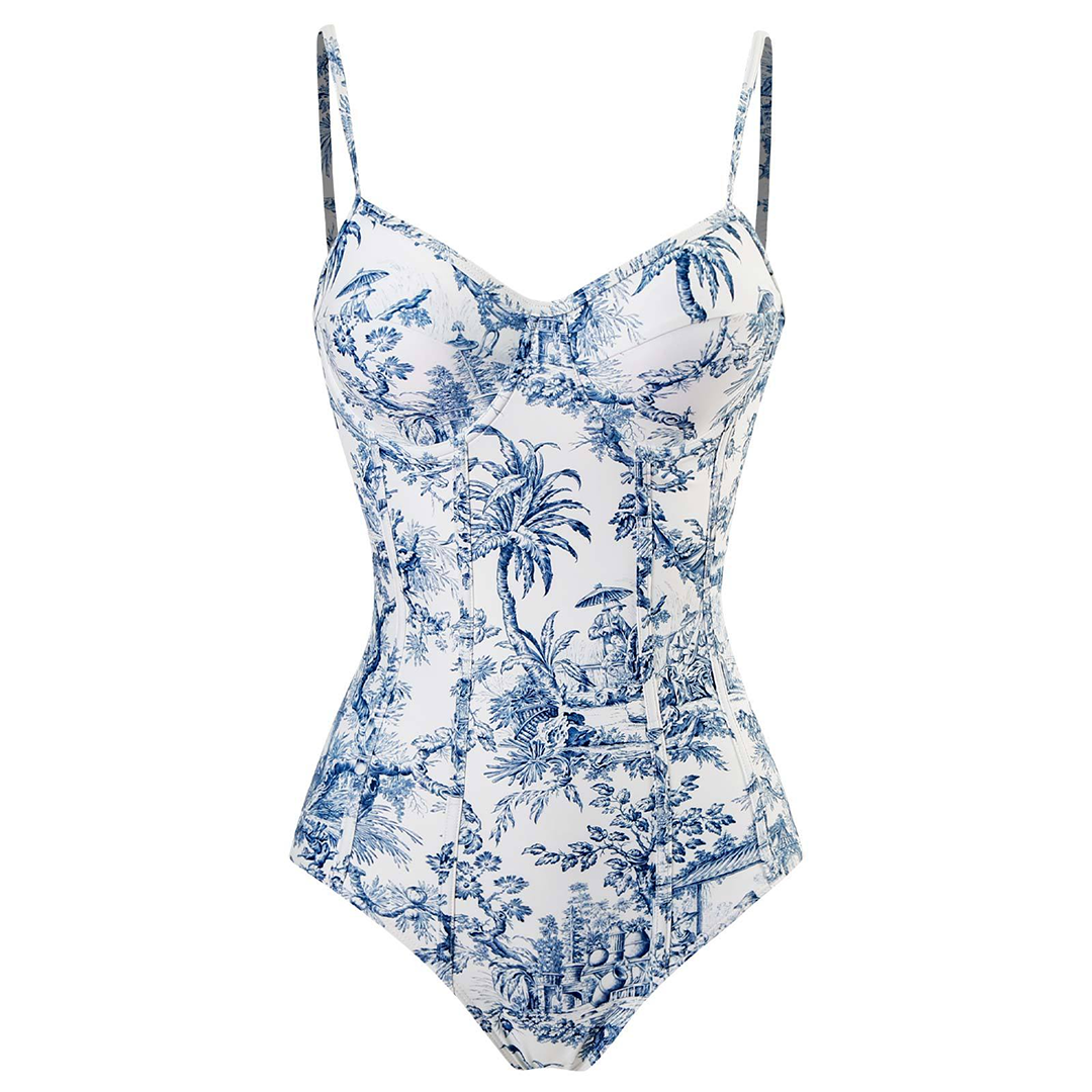 Toile Print Swimsuit Set  Blue and White One-Piece With Sarong - Detailed view