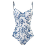 Toile Print Swimsuit Set  Blue and White One-Piece With Sarong - Detailed view