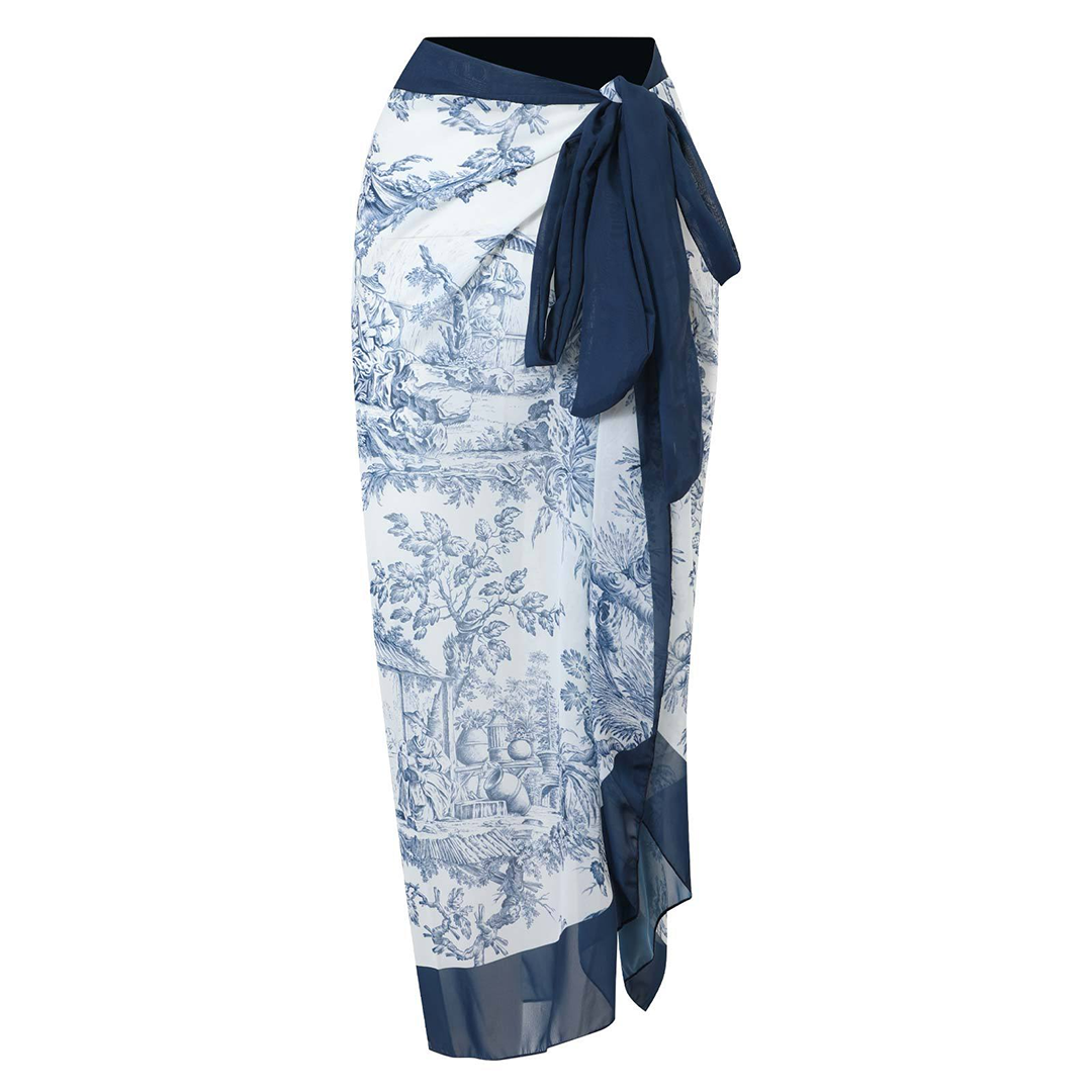 Toile Print Swimsuit Set  Blue and White One-Piece With Sarong - Product example