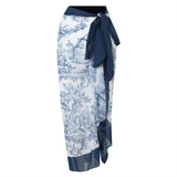 Toile Print Swimsuit Set  Blue and White One-Piece With Sarong - Product example