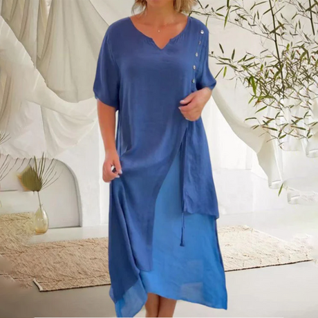 Casual V-Neck Midi Dress  Flowy Button Detail Design - Product showcase
