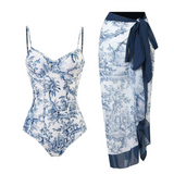 Toile Print Swimsuit Set  Blue and White One-Piece With Sarong - Product showcase