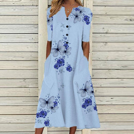 Butterfly Floral Midi Dress  White Cotton Blend With Purple Accents - Product detail 11
