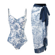 Toile Print Swimsuit Set  Blue and White One-Piece With Sarong - Product detail 7