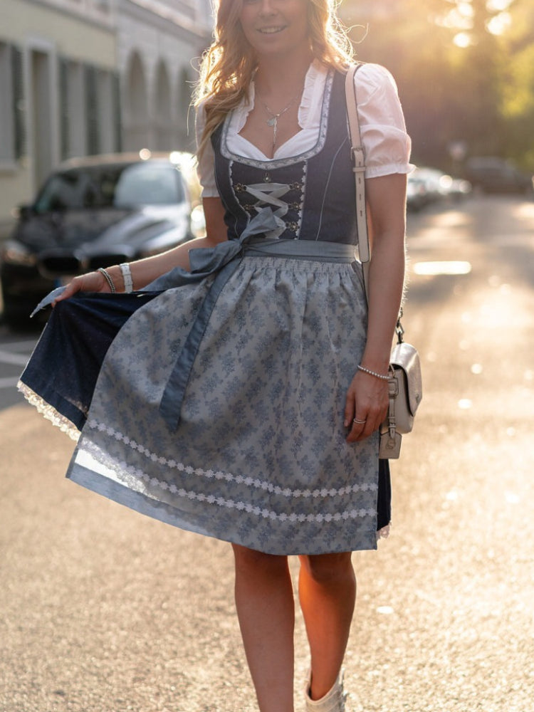 Traditional Dirndl Dress  Navy Blue Cotton With Floral Apron - Detailed view