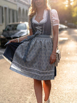 Traditional Dirndl Dress  Navy Blue Cotton With Floral Apron - Detailed view