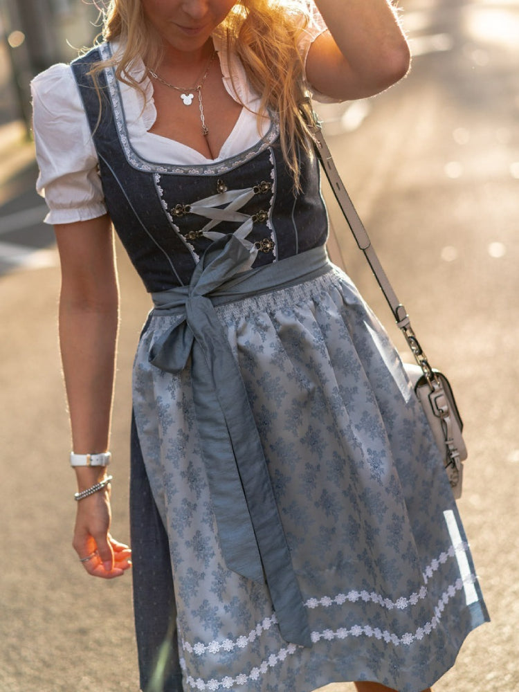 Traditional Dirndl Dress  Navy Blue Cotton With Floral Apron - Product example
