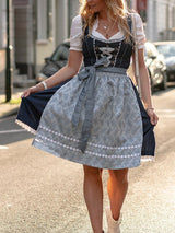 Traditional Dirndl Dress  Navy Blue Cotton With Floral Apron - Product detail 4