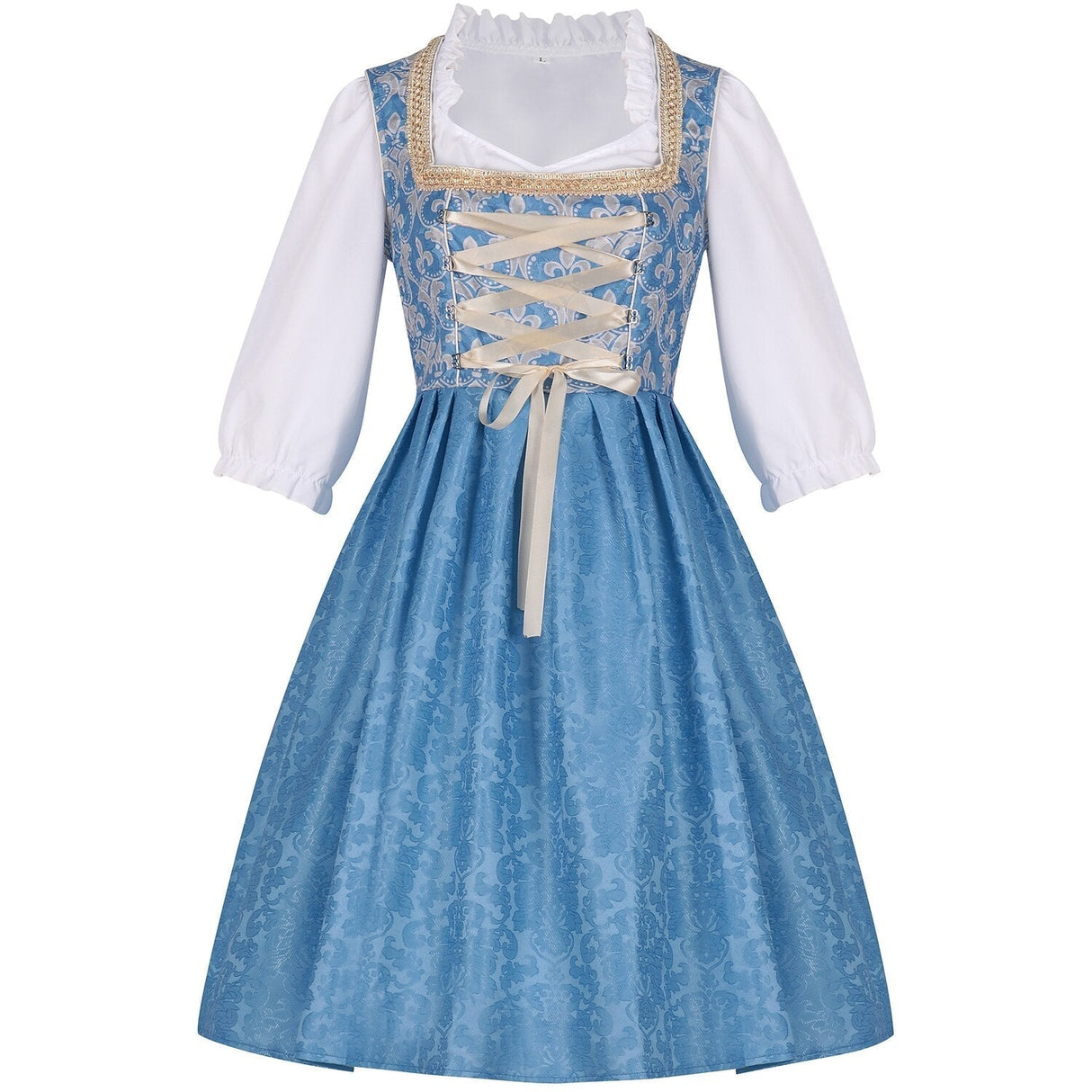 Traditional Dirndl Dress  Royal Blue Floral Embroidery With Lace Apron - Product example