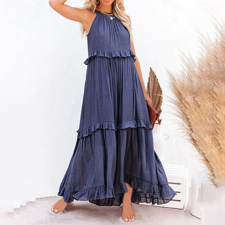 Layered Maxi Dress  Ruffled Halter Neck Design - Product showcase