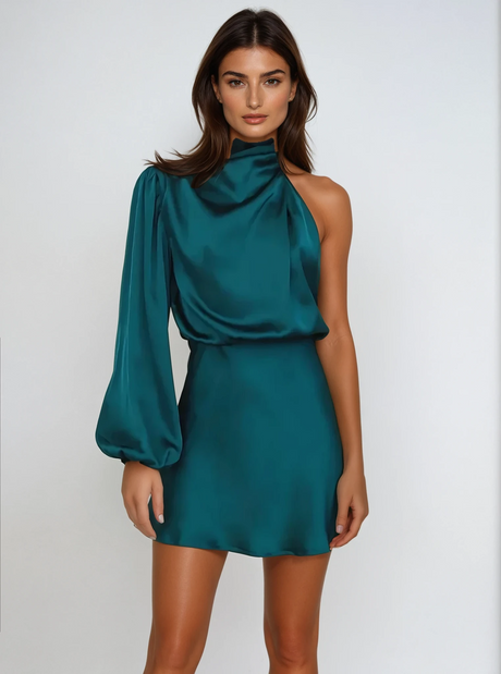 Satin Evening Dress  One-Shoulder Draped Design - Product showcase