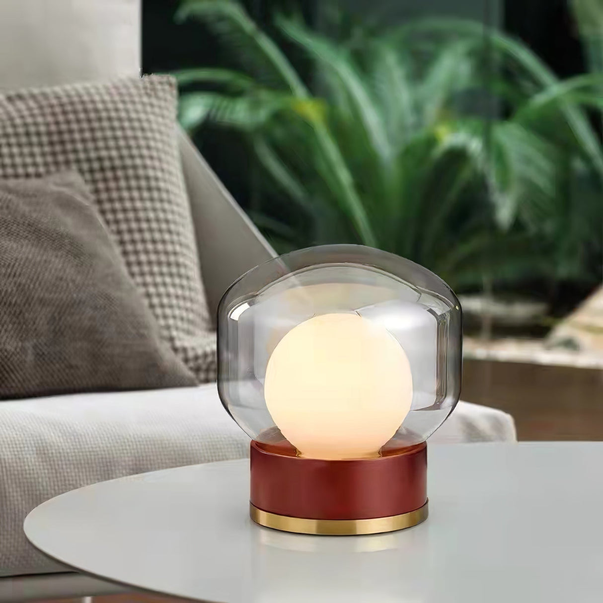 Modern Glass Table Lamp  Walnut Base with Amber Shade - Detailed view