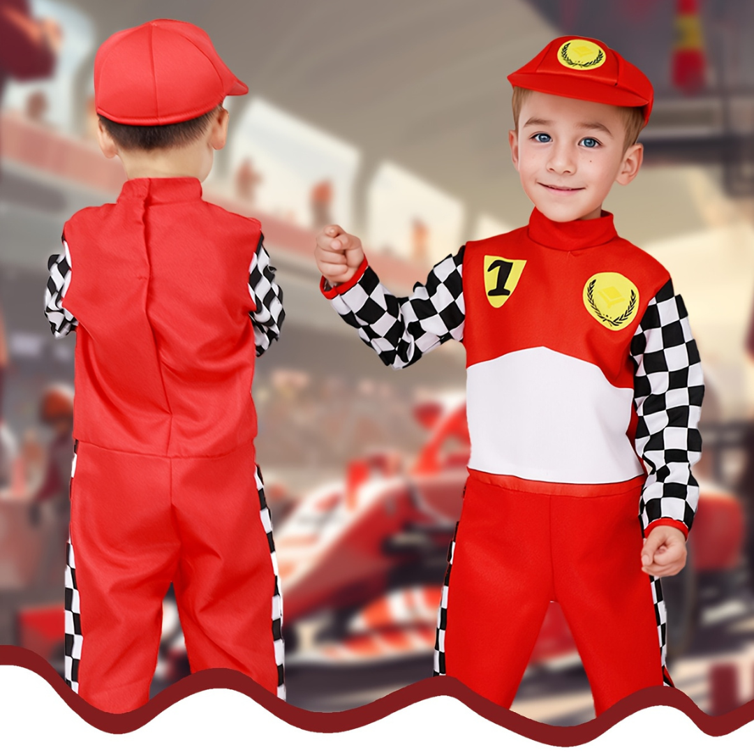 Kids Racing Costume  Checkered Driver Jumpsuit With Cap - Detailed view