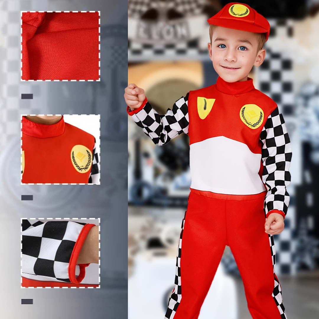 Kids Racing Costume  Checkered Driver Jumpsuit With Cap - Product detail 4