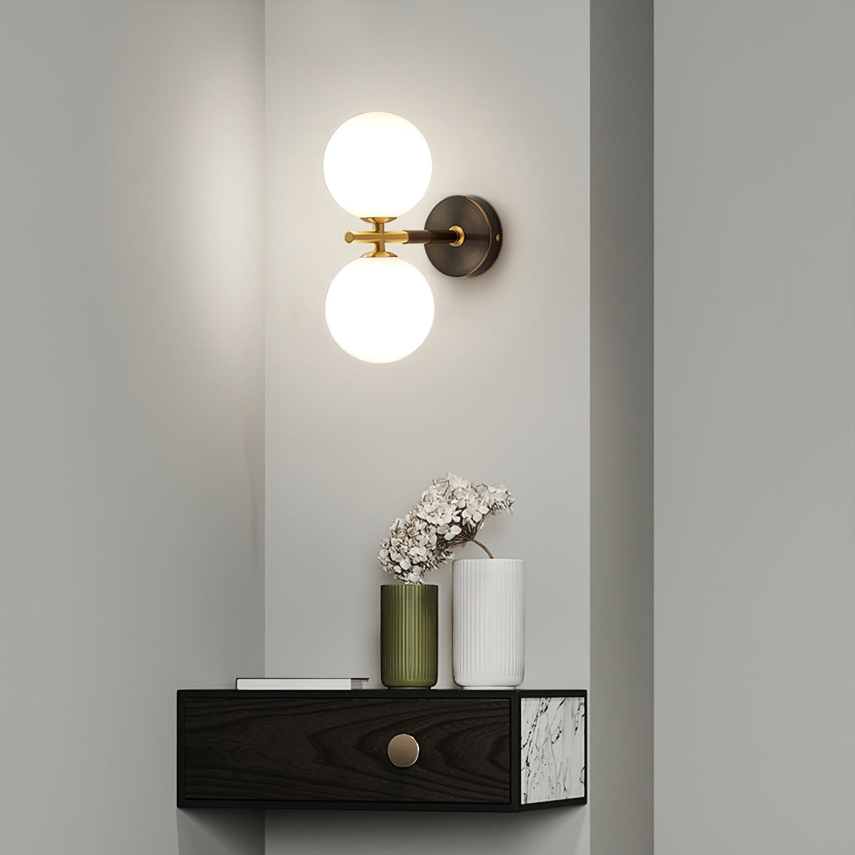 Modern Dual Globe Wall Light  Brass Finish Sconce - Detailed view