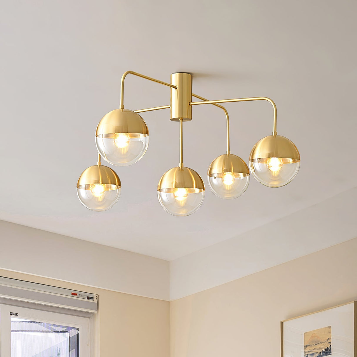 Modern Glass Globe Ceiling Light  Brass Triple Sphere Design - Detailed view
