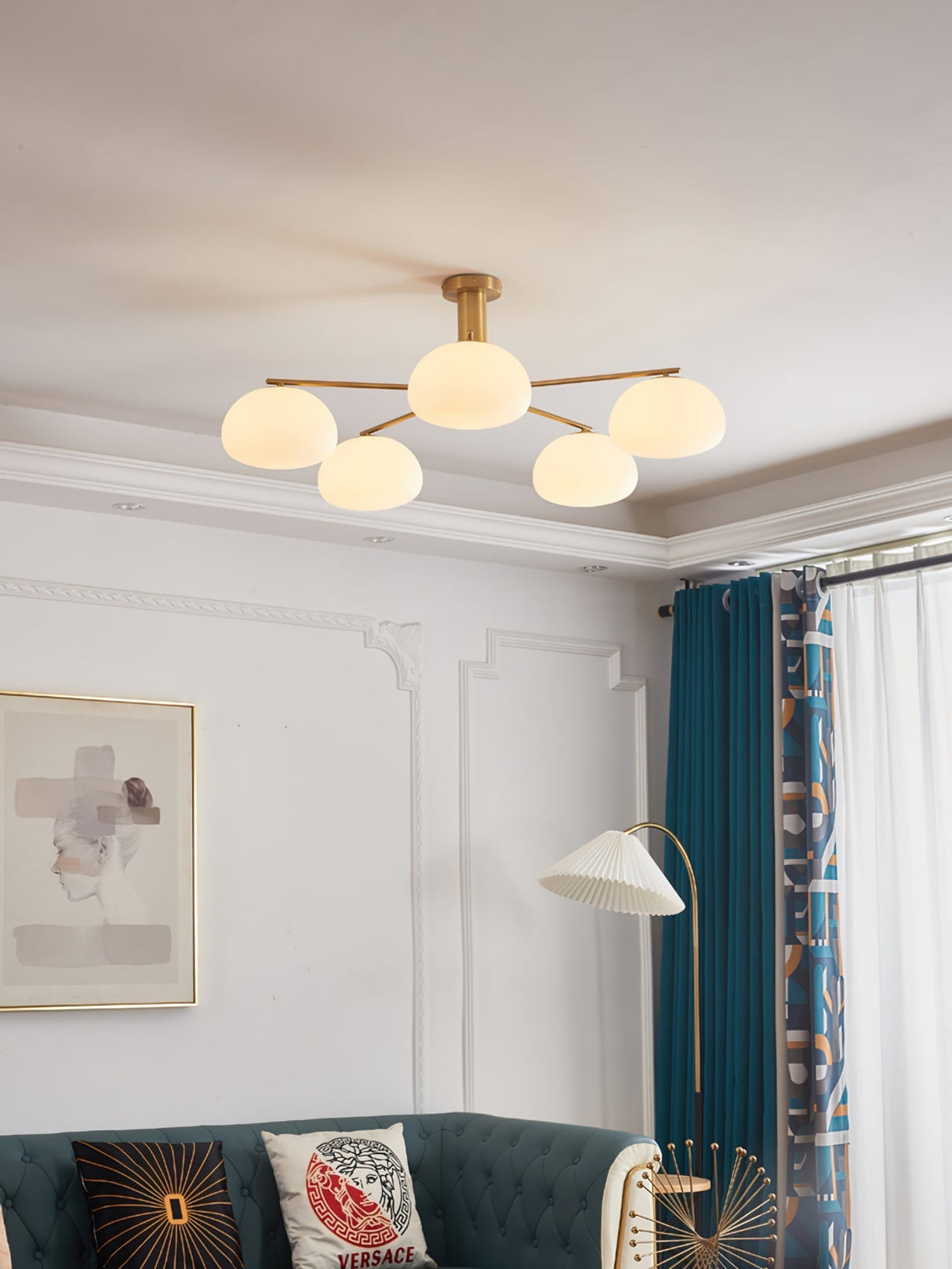 Modern Sputnik Ceiling Light  Brass Frame White Glass Shades - Product detail 5
