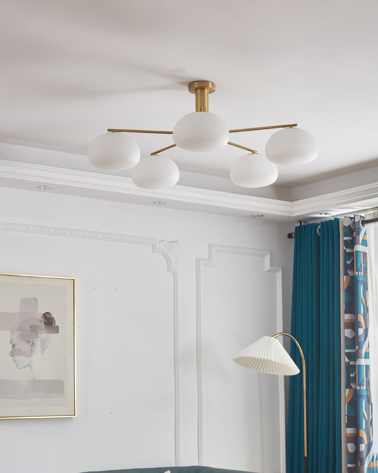 Modern Sputnik Ceiling Light  Brass Frame White Glass Shades - Product detail 6