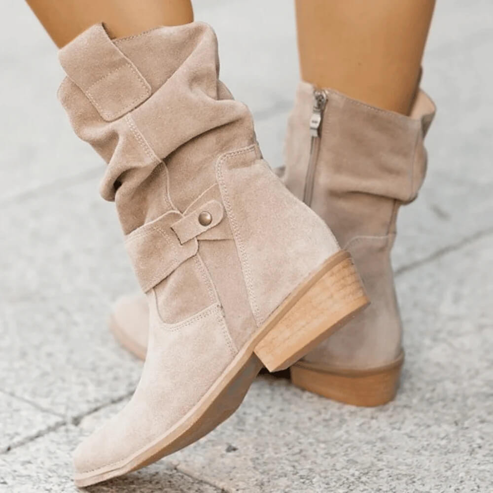 Suede Ankle Boots  Slouchy Design With Wooden Heel - Product showcase