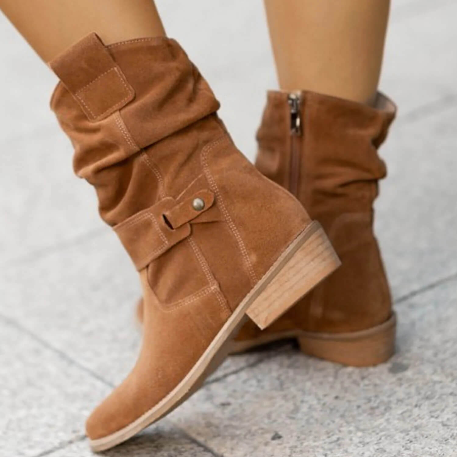 Suede Ankle Boots  Slouchy Design With Wooden Heel - Product detail 5