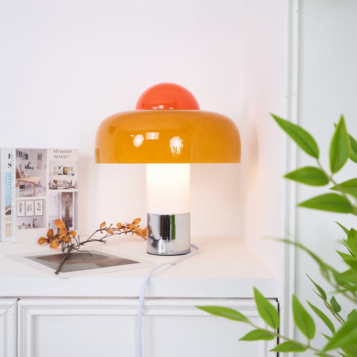 Modern Glass Table Lamp  Orange Dome Shade Metal Base - Detailed view