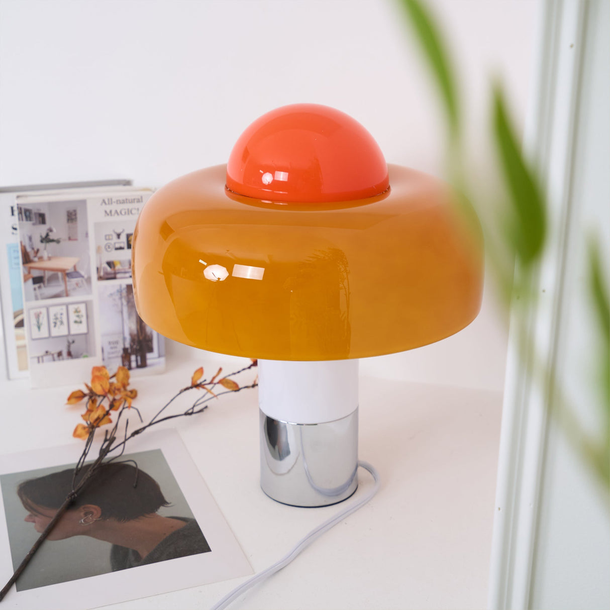 Modern Glass Table Lamp  Orange Dome Shade Metal Base - Product detail 9