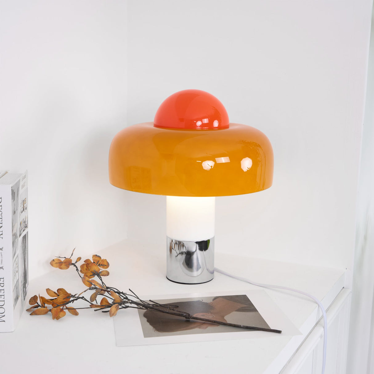 Modern Glass Table Lamp  Orange Dome Shade Metal Base - Product detail 4