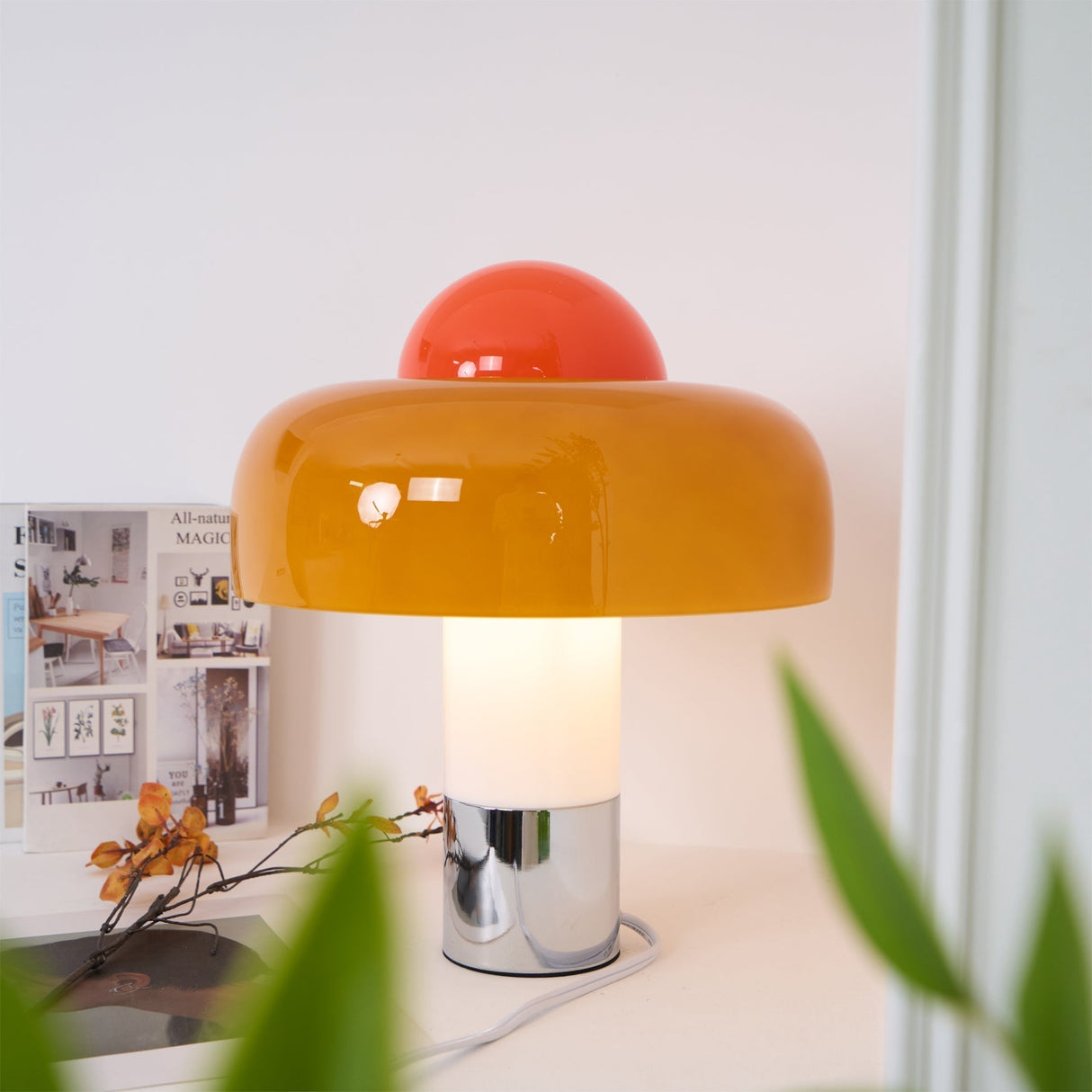 Modern Glass Table Lamp  Orange Dome Shade Metal Base - Product detail 6