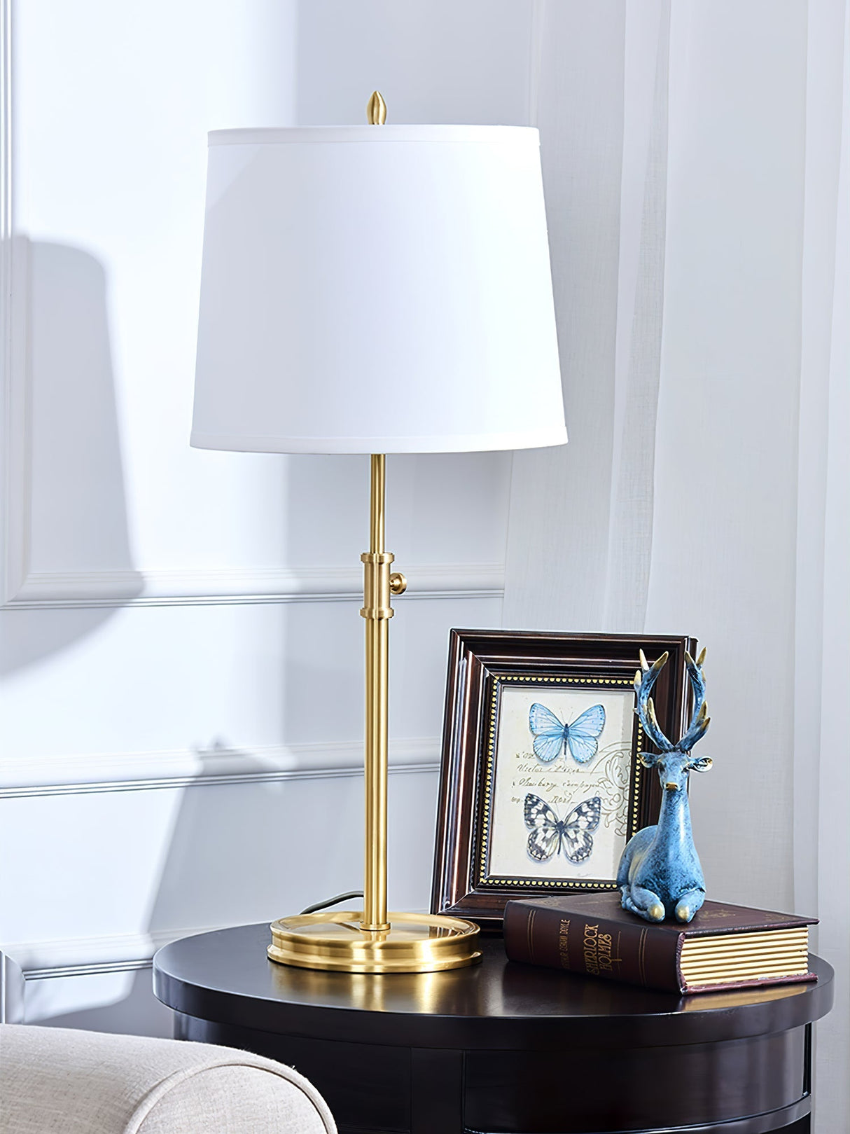 Classic Brass Table Lamp  White Linen Shade  Adjustable Height - Product detail 7