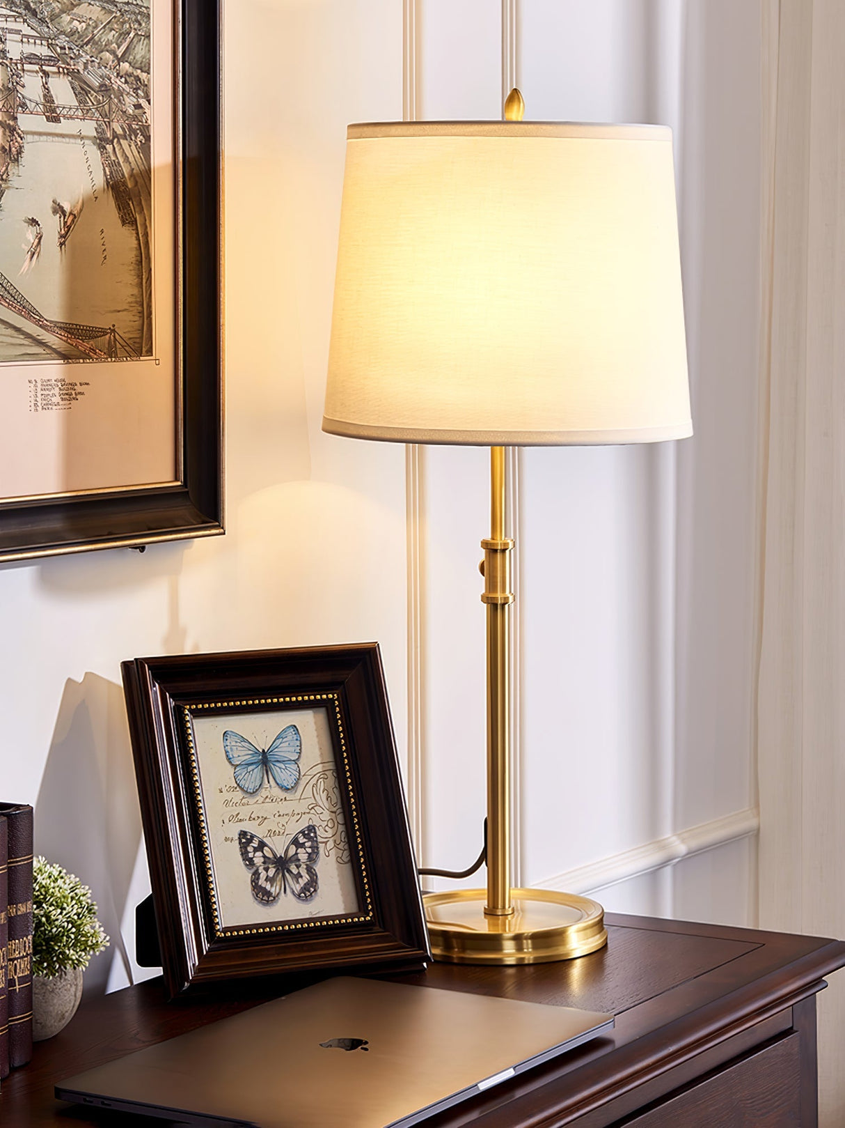 Classic Brass Table Lamp  White Linen Shade  Adjustable Height - Product detail 9