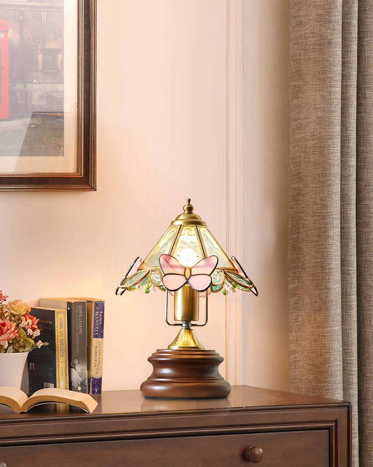 Butterfly Table Lamp  Tiffany Glass Shade with Pink Wings - Product detail 9