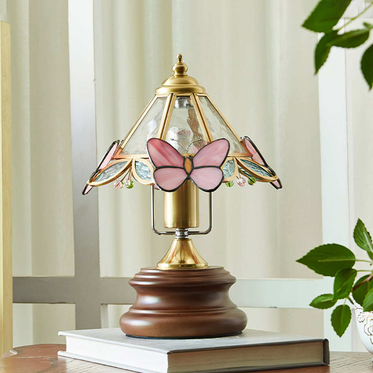 Butterfly Table Lamp  Tiffany Glass Shade with Pink Wings - Detailed view