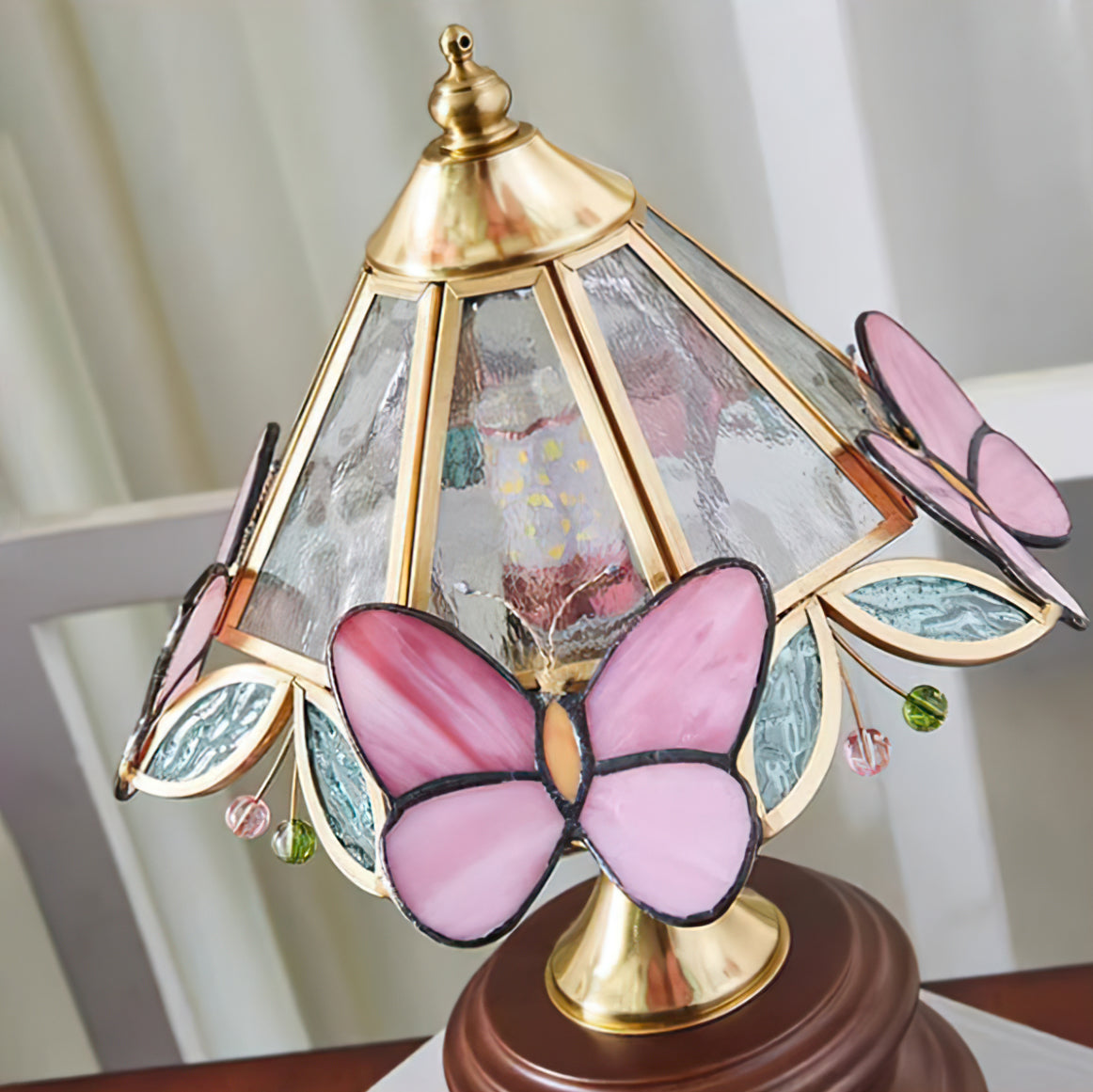 Butterfly Table Lamp  Tiffany Glass Shade with Pink Wings - Product example