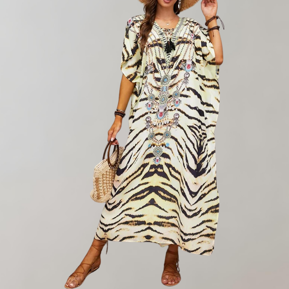 Bohemian Maxi Dress  Snake Print with Floral Border - Product detail 5