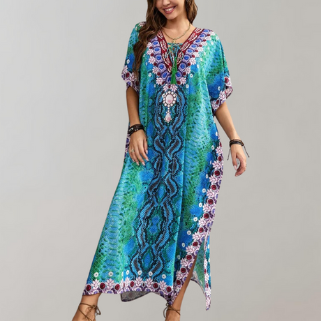 Bohemian Maxi Dress  Snake Print with Floral Border - Product detail 7