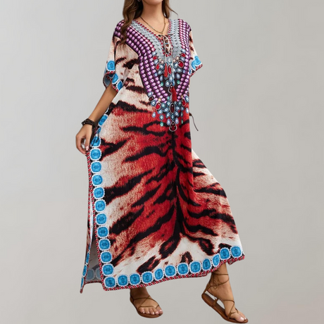 Bohemian Maxi Dress  Snake Print with Floral Border - Product detail 10