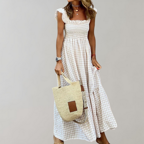 Gingham Maxi Dress  Smocked Bodice With Flutter Sleeves - Product showcase