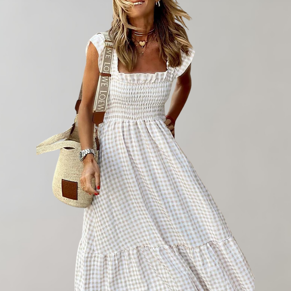 Gingham Maxi Dress  Smocked Bodice With Flutter Sleeves - Detailed view