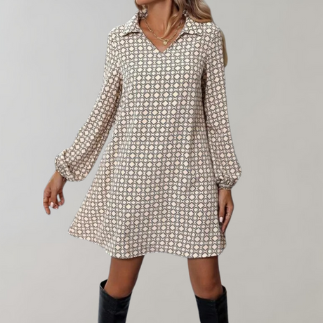 Geometric Print Shift Dress  Lantern Sleeve V-Neck Design - Product detail 6