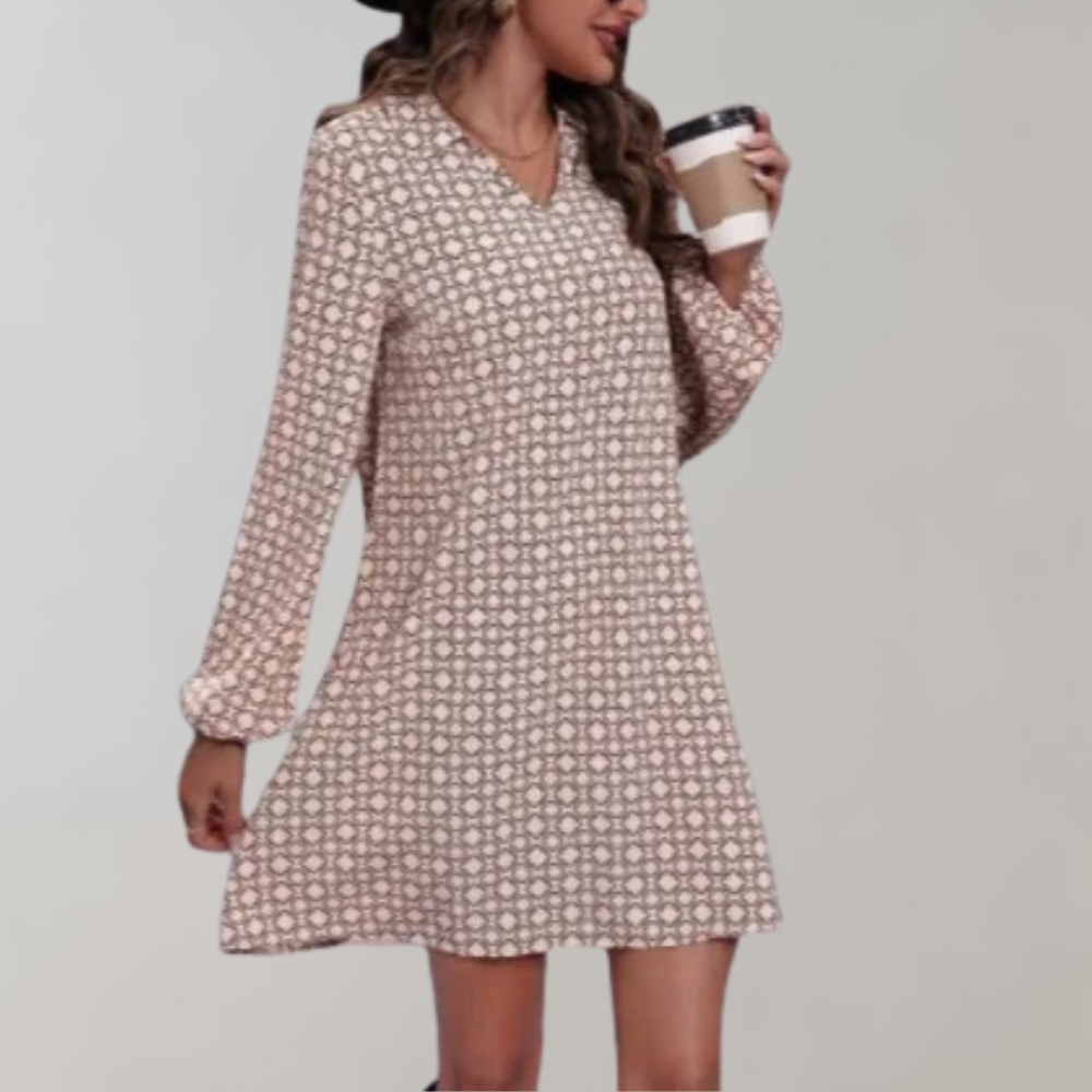 Geometric Print Shift Dress  Lantern Sleeve V-Neck Design - Product detail 9