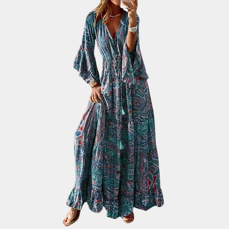 Bohemian Maxi Dress  Floral Bell Sleeve V-Neck Design - Product showcase