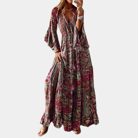 Bohemian Maxi Dress  Floral Bell Sleeve V-Neck Design - Product detail 12